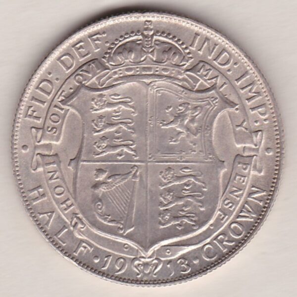 1913 Silver Halfcrown coin featuring king George V on the Obverse. The Reverse features a crowned quartered shield of arms.