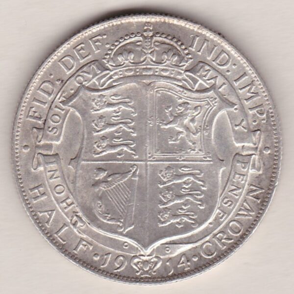 1914 Silver Halfcrown coin featuring king George V on the Obverse. The Reverse features a crowned quartered shield of arms.