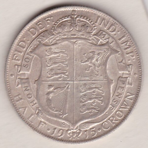 1915 Silver Halfcrown coin featuring king George V on the Obverse. The Reverse features a crowned quartered shield of arms.