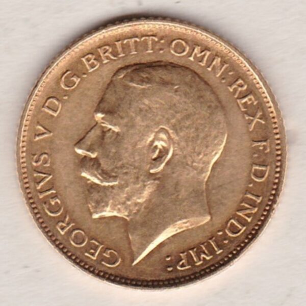 1916 S Gold Half Sovereign coin featuring the portrait of King George V on the Obverse. St George and the dragon on the Reverse.