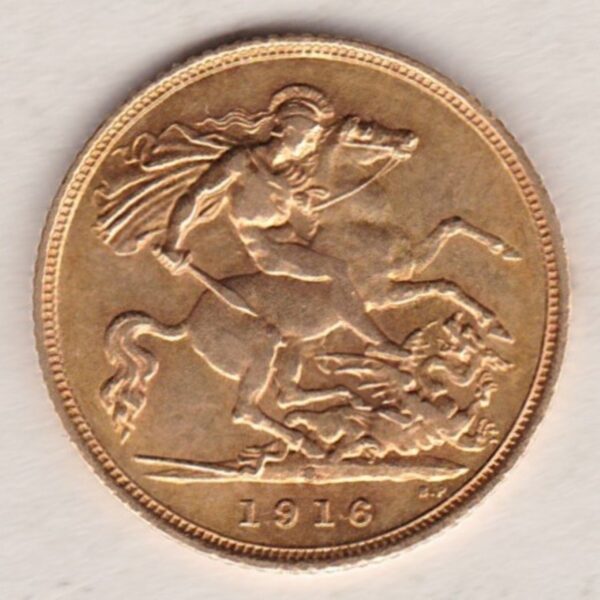 1916 S Gold Half Sovereign coin featuring the portrait of King George V on the Obverse. St George and the dragon on the Reverse.