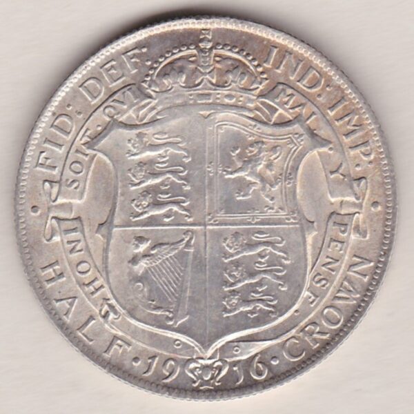 1916 Silver Halfcrown coin featuring king George V on the Obverse. The Reverse features a crowned quartered shield of arms.