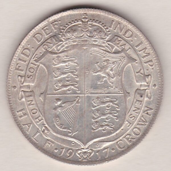 1917 Silver Halfcrown coin featuring king George V on the Obverse. The Reverse features a crowned quartered shield of arms.