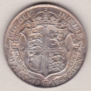 1919 Silver Halfcrown coin featuring king George V on the Obverse. The Reverse features a crowned quartered shield of arms.