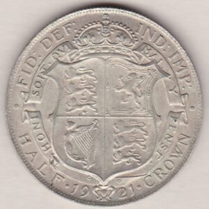 1921 Silver Halfcrown coin featuring the King George V on the Obverse. The crowned quartered shield of arms within Garter band on the Reverse.