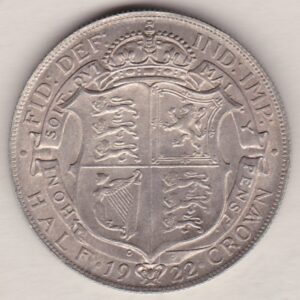 1922 Silver Halfcrown coin featuring the King George V on the Obverse. The crowned quartered shield of arms within Garter band on the Reverse.