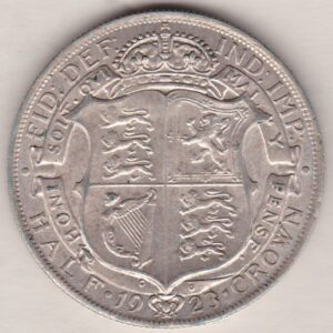 1923 Silver Halfcrown coin featuring the King George V on the Obverse. The crowned quartered shield of arms within Garter band on the Reverse.