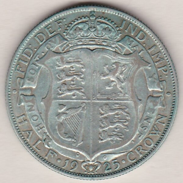 1925 Silver Halfcrown coin featuring the King George V on the Obverse. The crowned quartered shield of arms within Garter band on the Reverse.