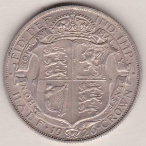 1926 Silver Halfcrown coin featuring the King George V on the Obverse. The crowned quartered shield of arms within Garter band on the Reverse.