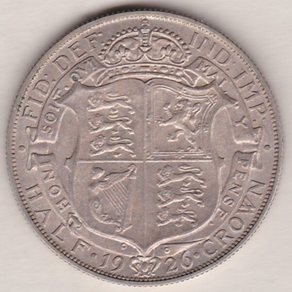 1926 Silver Halfcrown coin featuring the King George V on the Obverse. The crowned quartered shield of arms within Garter band on the Reverse.