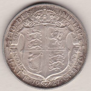 1927 Silver Halfcrown coin featuring the King George V on the Obverse. The crowned quartered shield of arms within Garter band on the Reverse.