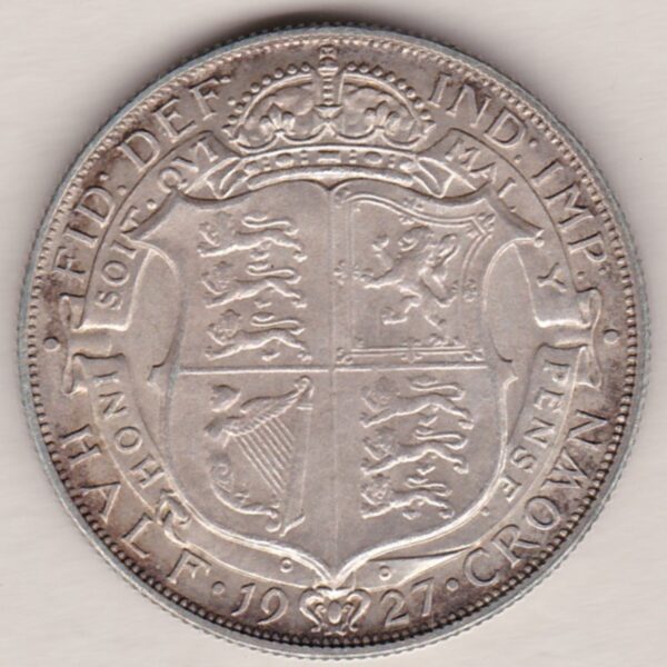 1927 Silver Halfcrown coin featuring the King George V on the Obverse. The crowned quartered shield of arms within Garter band on the Reverse.