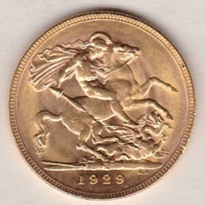 1929 P Gold Sovereign Coin. The coin features King George V on the Obverse. St George and the dragon on the reverse. The P - Perth, Australia mintmark.