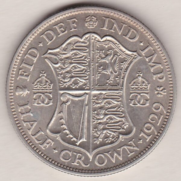 1929 Silver Halfcrown coin featuring the King George V on the Obverse. The Quartered shield of arms flanked by crowned royal cyphers complete the Reverse.