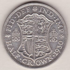 1930 Silver Halfcrown coin featuring the King George V on the Obverse. The Quartered shield of arms flanked by crowned royal cyphers complete the Reverse.