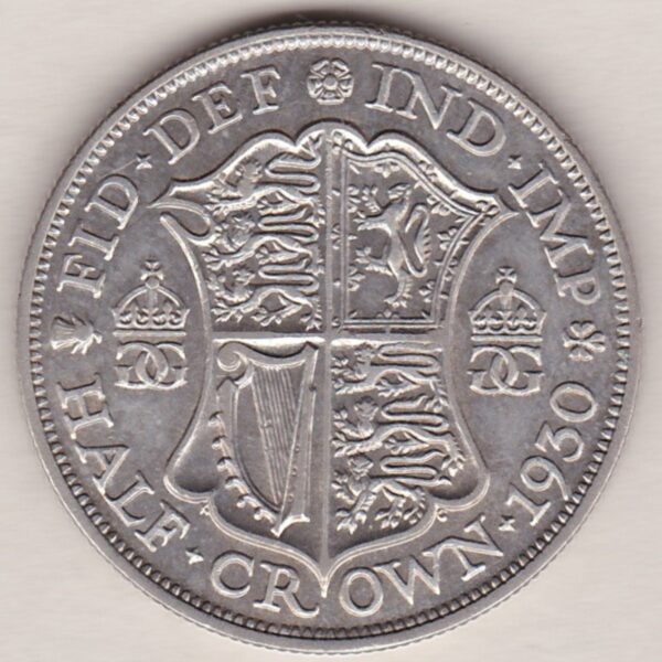 1930 Silver Halfcrown coin featuring the King George V on the Obverse. The Quartered shield of arms flanked by crowned royal cyphers complete the Reverse.