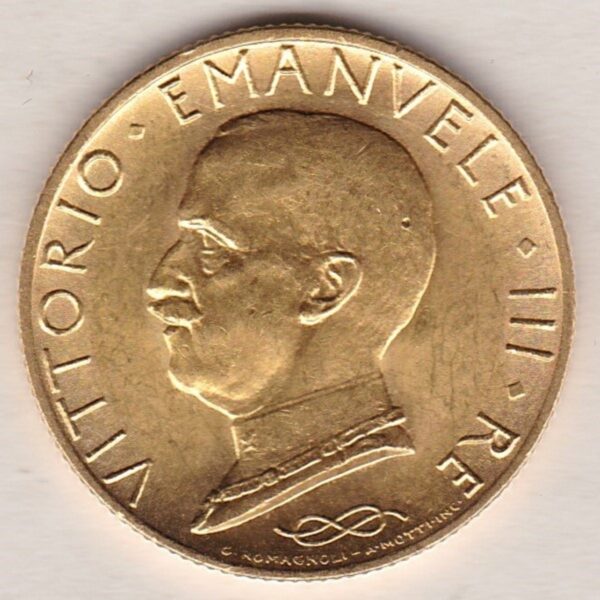 1931 R Italy Gold One Hundred Lire coin featuring King Vittorio Emanuele III on the obverse. Italy as a woman on the reverse.