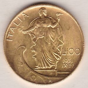 1931 R Italy Gold One Hundred Lire coin featuring King Vittorio Emanuele III on the obverse. Italy as a woman on the reverse.