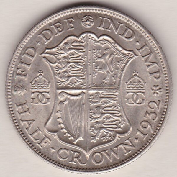 1932 Silver Halfcrown coin featuring the King George V on the Obverse. The Quartered shield of arms flanked by crowned royal cyphers complete the Reverse.