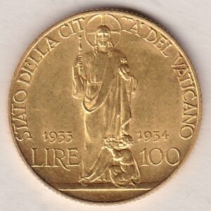 1933 - 34 Vatican City Gold One Hundred Lire coin featuring Pope Pius XI on the obverse. The figure of Christ is on the reverse.