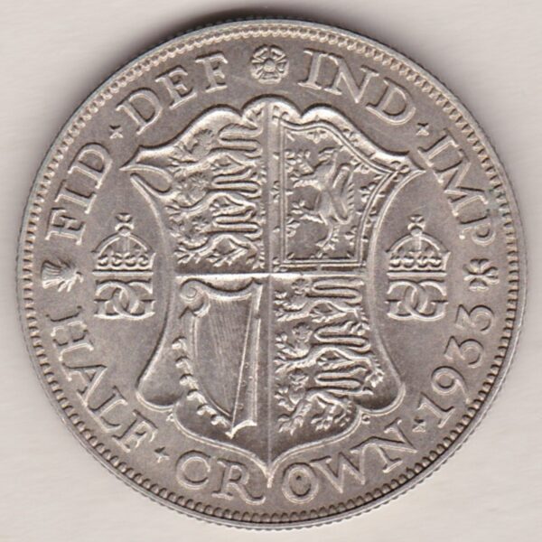 1933 Silver Halfcrown coin featuring the King George V on the Obverse. The Quartered shield of arms flanked by crowned royal cyphers complete the Reverse.