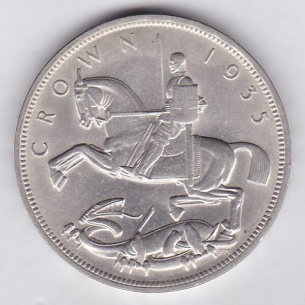 1935 Silver Crown Coin featuring the uncrowned portrait of King George V on the obverse. St. George slaying the dragon on the reverse.