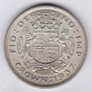 1937 Silver Crown Coin featuring the uncrowned portrait of King George VI on the obverse. A crowned quartered shield of arms on the reverse.