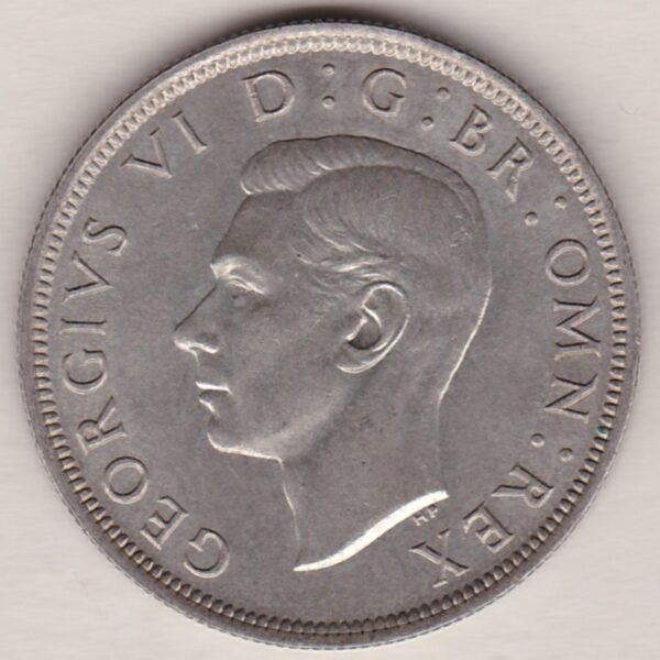 1937 Silver Halfcrown coin featuring the King George VI on the Obverse. The Quartered shield of arms flanked by crowned royal cyphers complete the Reverse.