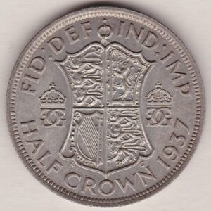 1937 Silver Halfcrown coin featuring the King George VI on the Obverse. The Quartered shield of arms flanked by crowned royal cyphers complete the Reverse.