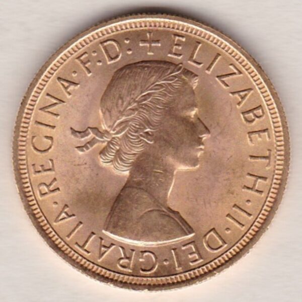 1957 Gold Sovereign Coin featuring the first portrait of Queen Elizabeth II on the Obverse. St George and the Dragon on the Reverse.