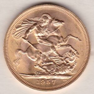 1957 Gold Sovereign Coin featuring the first portrait of Queen Elizabeth II on the Obverse. St George and the Dragon on the Reverse.