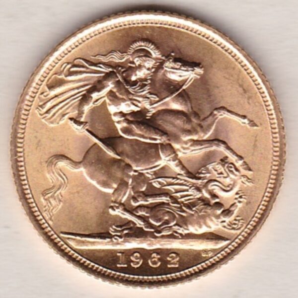 1962 Gold Sovereign Coin featuring the first portrait of Queen Elizabeth II on the Obverse. St George and the Dragon on the Reverse.