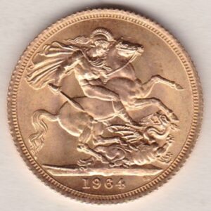 1964 Gold Sovereign Coin featuring the first portrait of Queen Elizabeth II on the Obverse. St George and the Dragon on the Reverse.