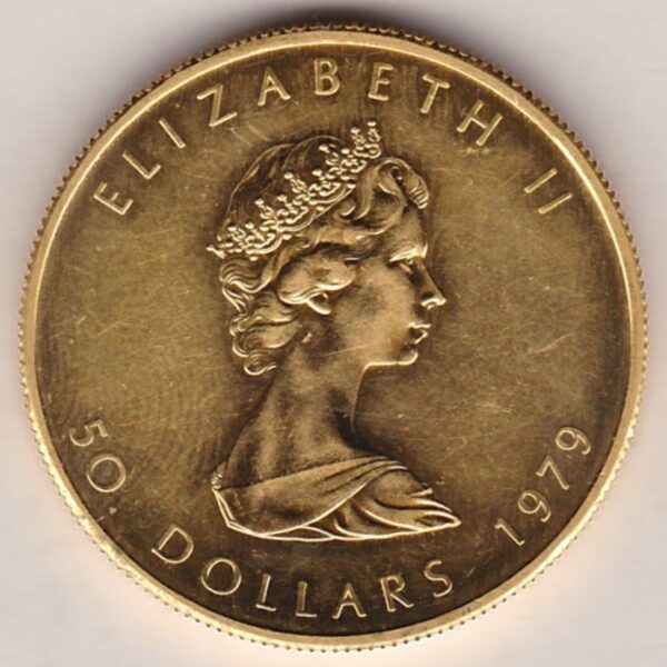 1979 Gold Canada One Ounce coin. Investment one ounce gold coin featuring Queen Elizabeth II on the Obverse. The Maple leaf on the Reverse.