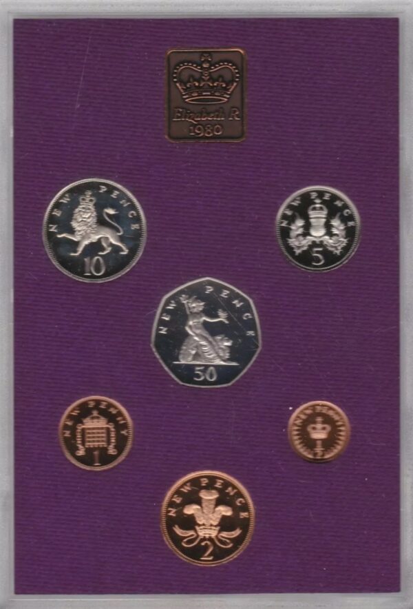 1980 Royal Mint Proof Set. This set contains six coin. The set comes cased as issued by the Royal Mint. Coinage of Great Britain and Northern Ireland.