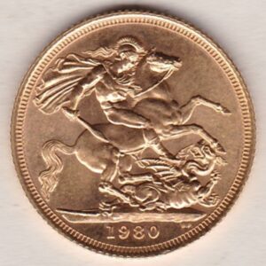 1980 Gold Sovereign Coin. This coin features the second portrait of Queen Elizabeth II on the obverse. St George and dragon on the reverse.