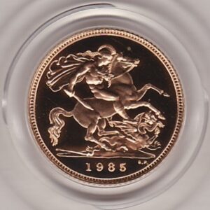 1985 gold proof half sovereign coin in capsule. This coin features Queen Elizabeth II on the obverse and St George and the dragon on the Reverse.