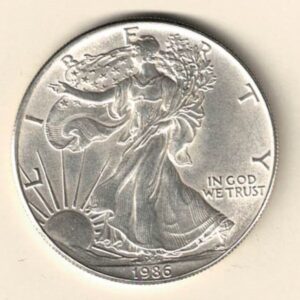 1986 Silver USA One Ounce Eagle. The liberty is on the obverse, The eagle is on the reverse. The coin contains one ounce of 999 fine silver.