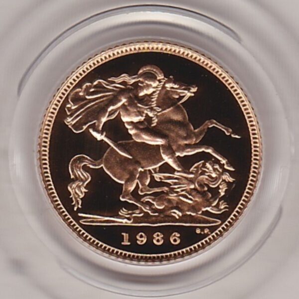 1986 gold proof half sovereign coin in capsule. This coin features Queen Elizabeth II on the obverse and St George and the dragon on the Reverse.