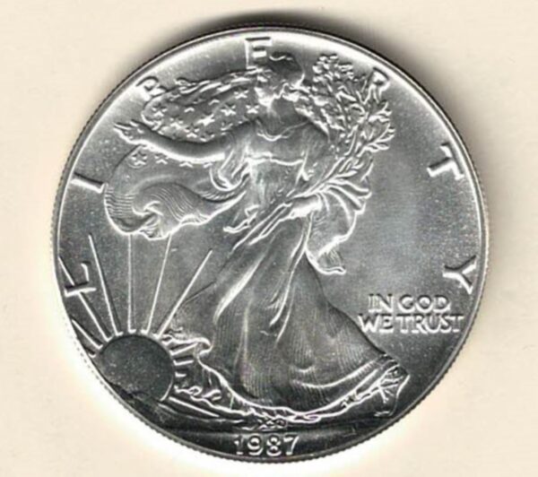 1987 Silver USA One Ounce Eagle. The liberty is on the obverse, The eagle is on the reverse. The coin contains one ounce of 999 fine silver.