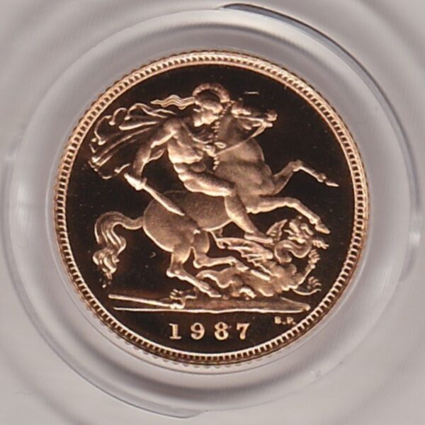 1987 gold proof half sovereign coin in capsule. This coin features Queen Elizabeth II on the obverse and St George and the dragon on the Reverse.