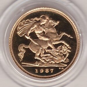 1987 gold proof half sovereign coin in capsule. This coin features Queen Elizabeth II on the obverse and St George and the dragon on the Reverse.