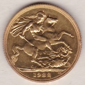 1988 gold sovereign coin featuring queen Elizabeth II on the Obverse. The reverse is completed by the St George & Dragon design.