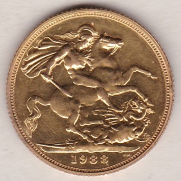 1988 gold sovereign coin featuring queen Elizabeth II on the Obverse. The reverse is completed by the St George & Dragon design.