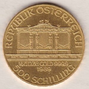 1989 Austria Gold Quarter Ounce Philharmonic Coin. The obverse features a pipe organ in the Vienna Musikverein's Golden Hall.