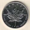 1989 Silver Canada One Ounce Maple. Elizabeth II is on the obverse, The Maple is on the reverse. The coin contains one ounce of 9999 fine silver.