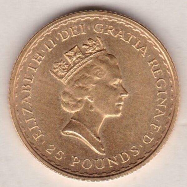 1989 Gold Quarter Ounce Britannia coin features Queen Elizabeth II on the Obverse. Standing Britannia on the Reverse. Quarter ounce gold coin.