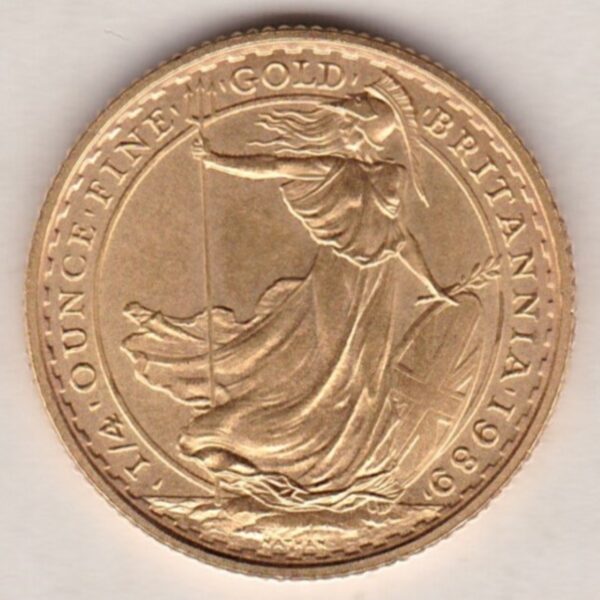 1989 Gold Quarter Ounce Britannia coin features Queen Elizabeth II on the Obverse. Standing Britannia on the Reverse. Quarter ounce gold coin.