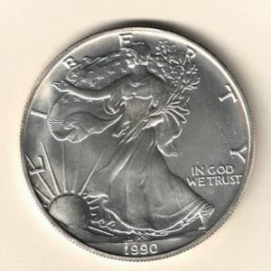 1990 Silver USA One Ounce Eagle. The liberty is on the obverse, The eagle is on the reverse. The coin contains one ounce of 999 fine silver.