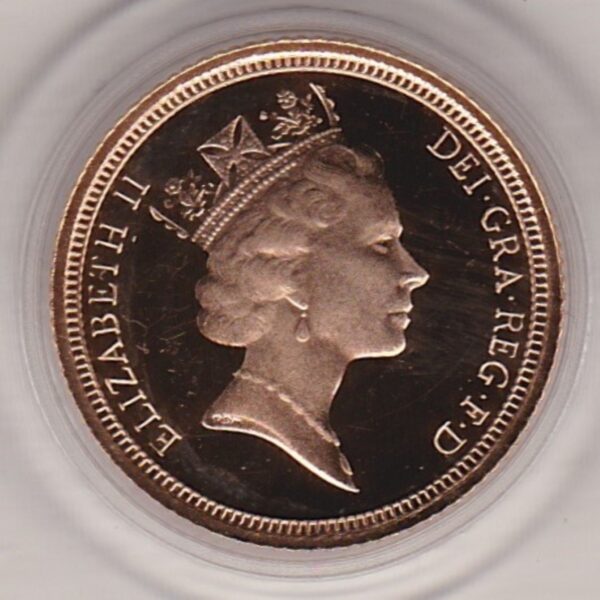 1990 gold proof half sovereign coin in capsule. This coin features Queen Elizabeth II on the obverse and St George and the dragon on the Reverse.